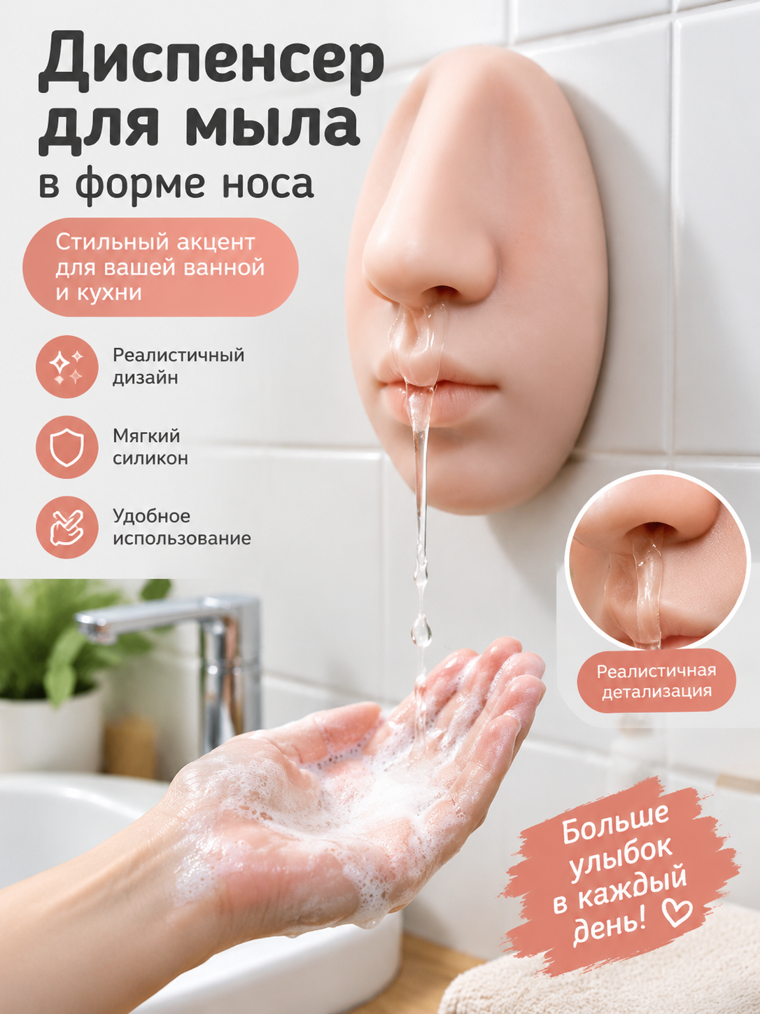 Прикольный настенный диспенсер для мыла в форме носа, силиконовый нос для ванной и кухни, реалистичный и удобный