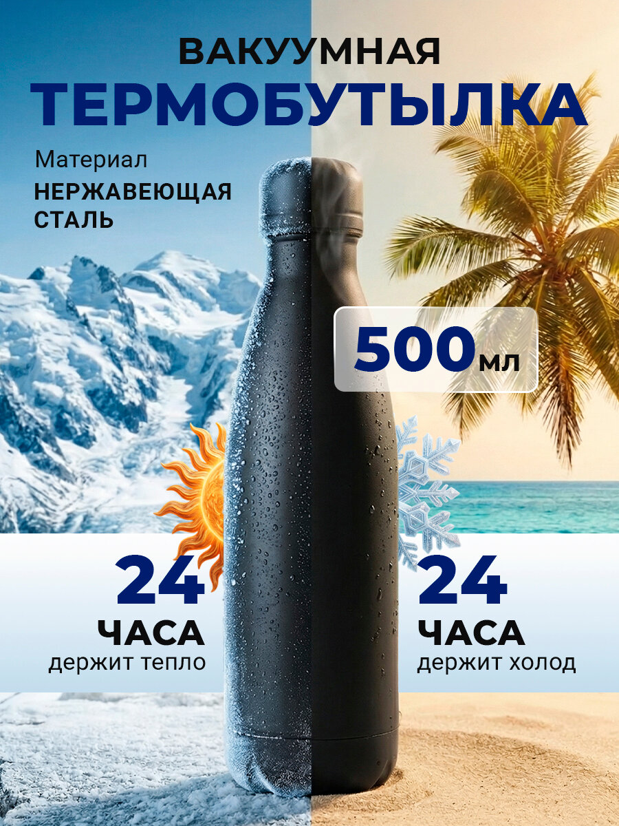Термобутылка "Вэкьюм ботл C1" вакуумная из нержавеющей cтали с покрытием софт-тач 500 мл, сохраняет тепло 24 ч, цвет черный