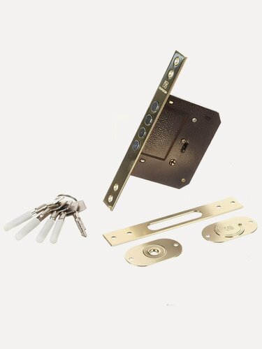 Изображение товара Замок врезной Аллюр 189-4, 1090, цилиндровый, золотой, универсальный, без ручки, 5 ключей в комплекте, стальной корпус