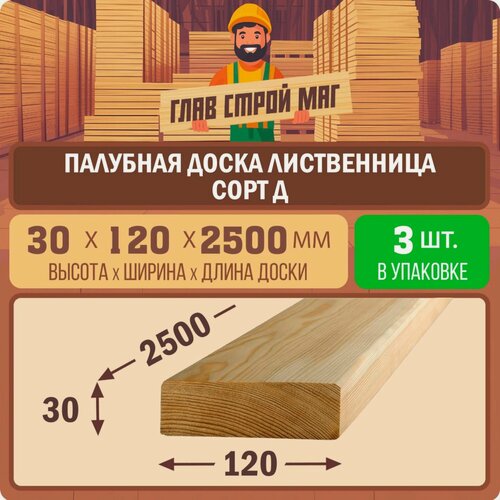 Изображение товара Палубная доска строганная из лиственницы сорт Д 30х120х2500 3шт.