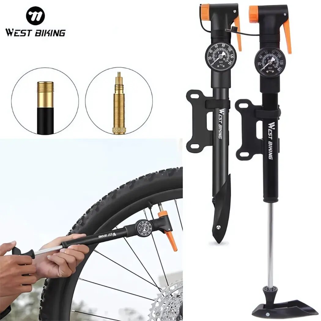 Насос велосипедный West Biking, алюминий, черный/оранжевый, до 120 PSI