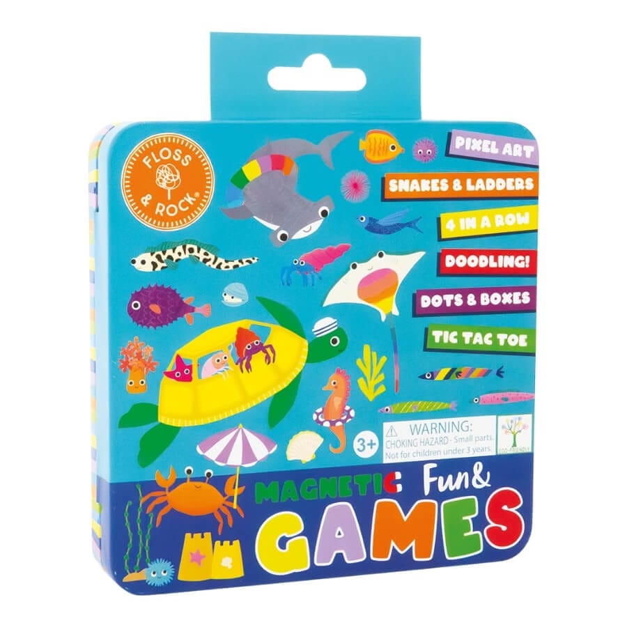 Настольная игра Floss & Rock "Океан", магнитные игры в жестяной коробке 6 в 1 для детей, разноцветный, 16x16x2,5 см