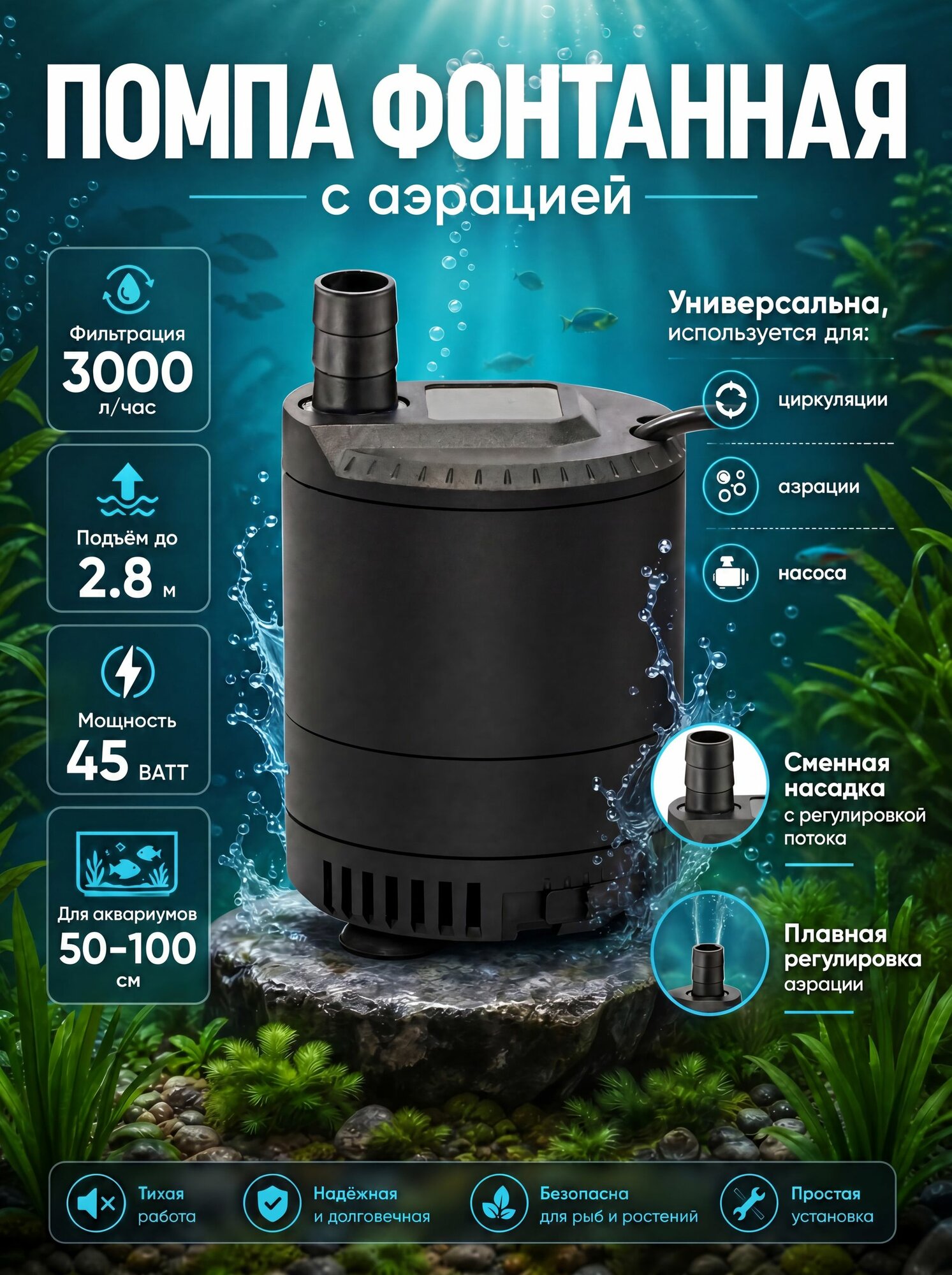 Погружной насос 3000 л/ч для аквариума, фонтана, пруда с аэрацией и регулировкой напора 2.8 м, 45 Вт, тихий энергосберегающий