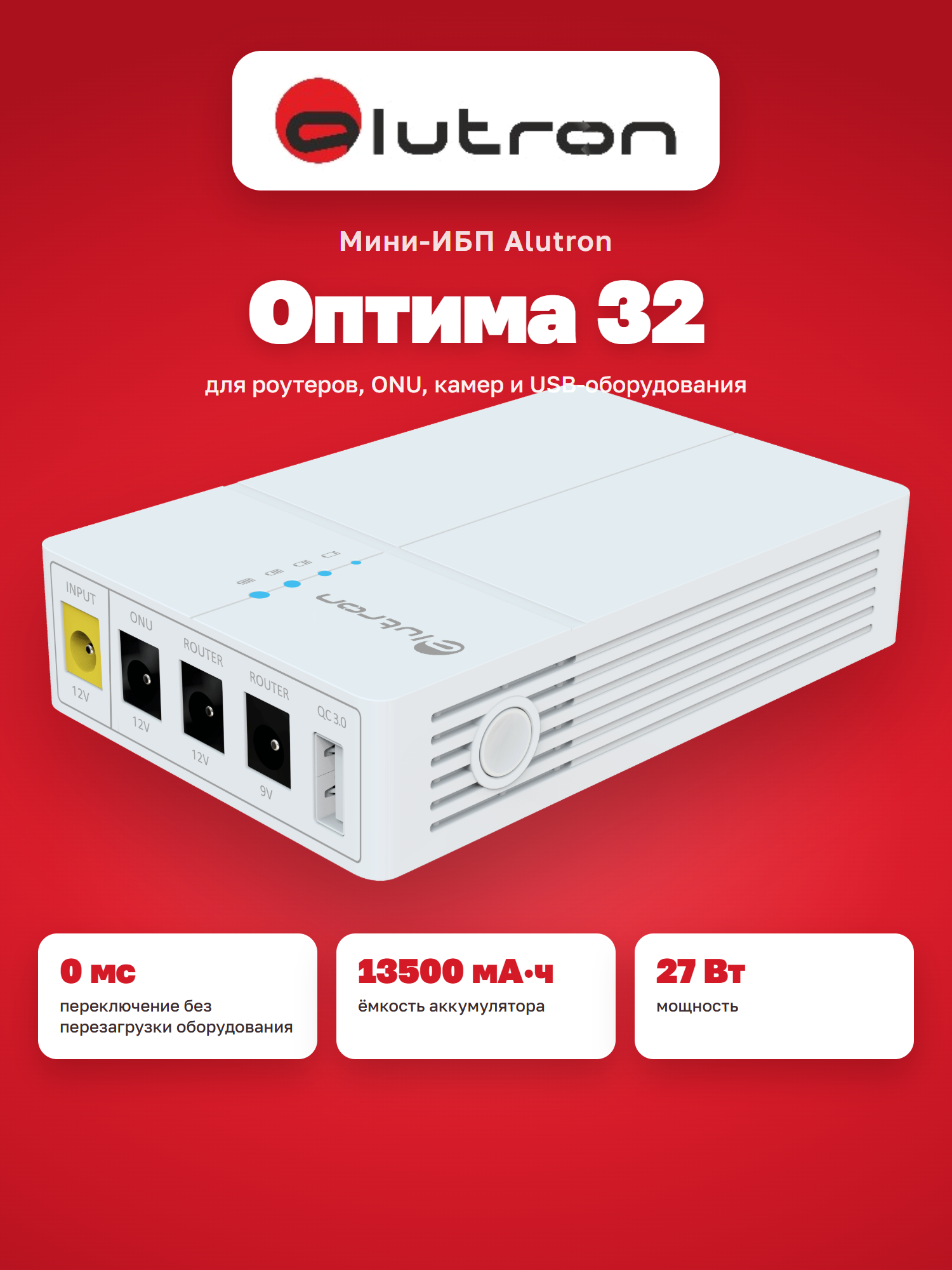 Источник бесперебойного питания роутера видеокамеры ИБП ALUTRON 32 25V 9V 12В UPS USB