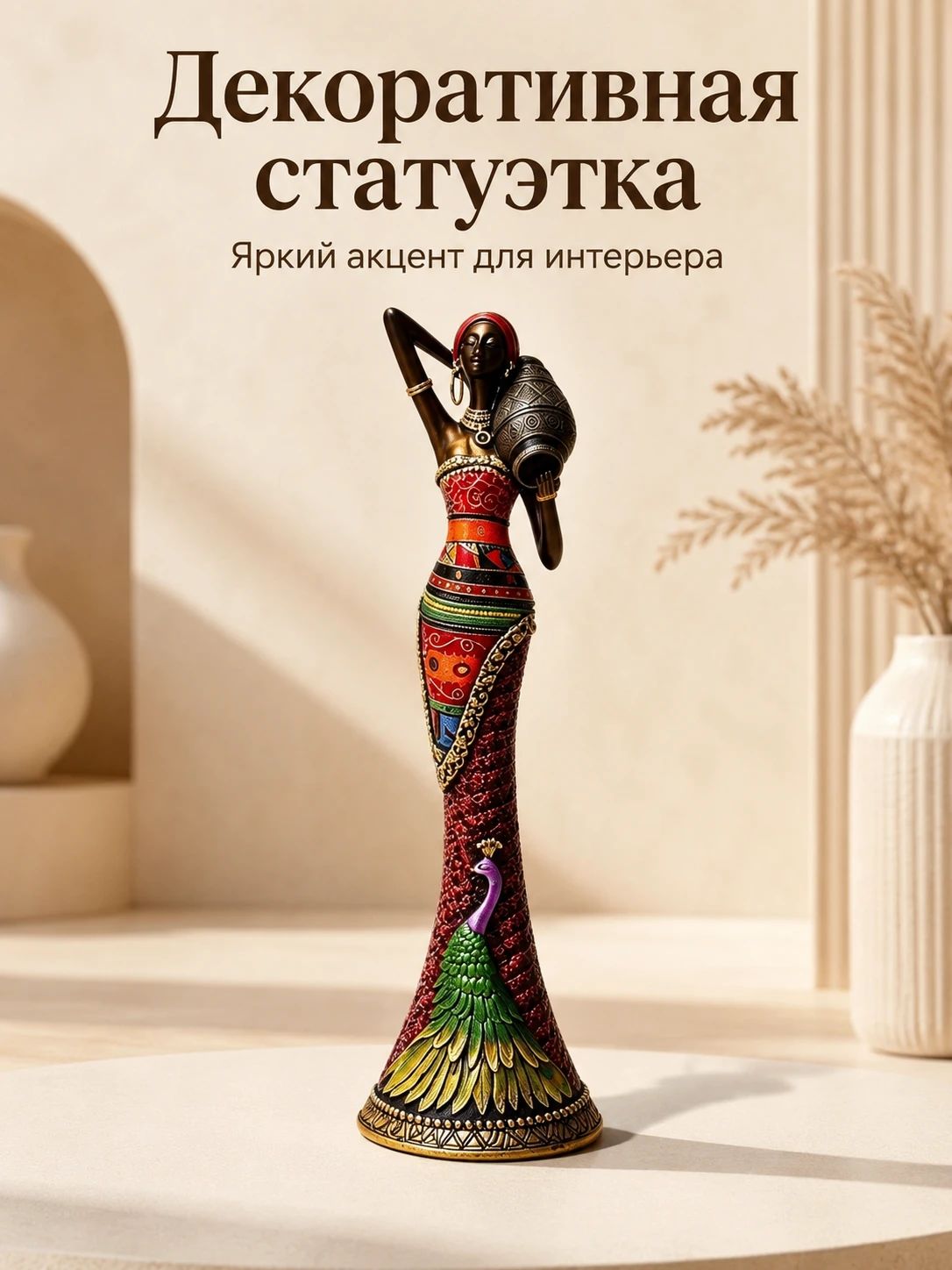 Декоративная статуэтка с кувшином, высота 31.2 см, длина 8.5 см, Вертикальный формат для полки и комода