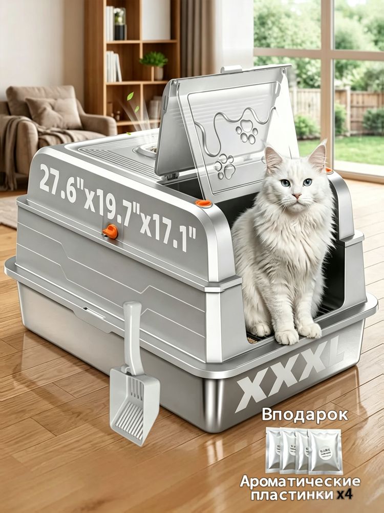 Туалет для кошек XXXL 70x50x43см из нержавеющей стали для мейн-кунов и крупных пород, закрытый лоток с высокими бортами, металлический, защита от запаха