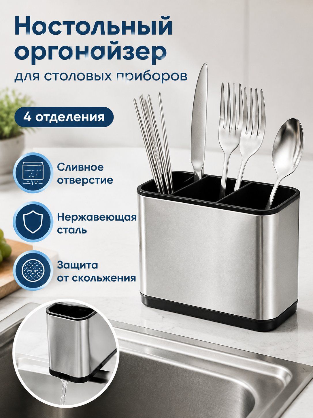 Органайзер для столовых приборов 8.6 см x 18 см х 13 см 1 шт нержавеющая сталь серебристый