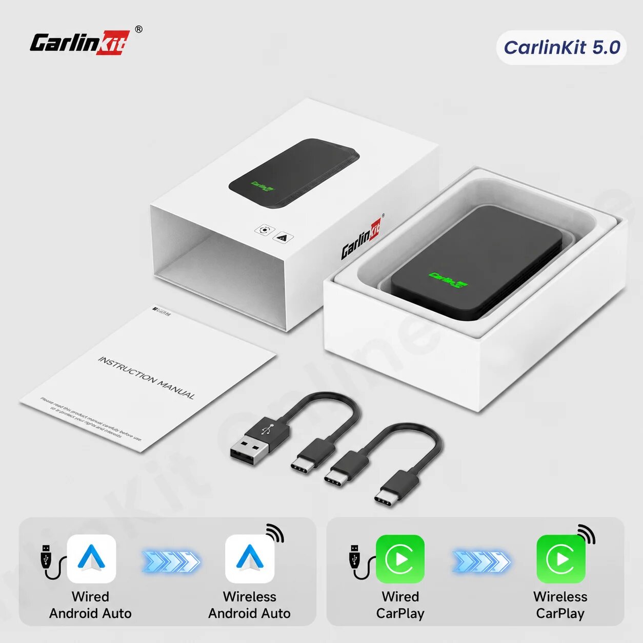 Беспроводной адаптер Carlinkit 5.0 2air T для CarPlay и Android Auto: обновление интеллектуальных систем автомобиля, бесшовное подключение по Bluetooth и Wi-Fi