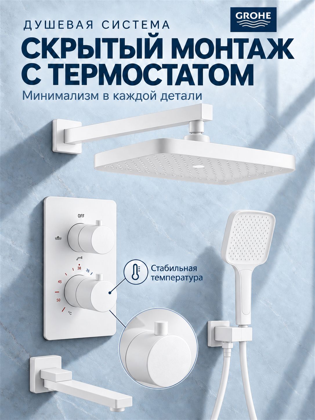 Встраиваемая термостатическая душевая система GROHE (включая излив для ванны, верхний душ и ручной душ)