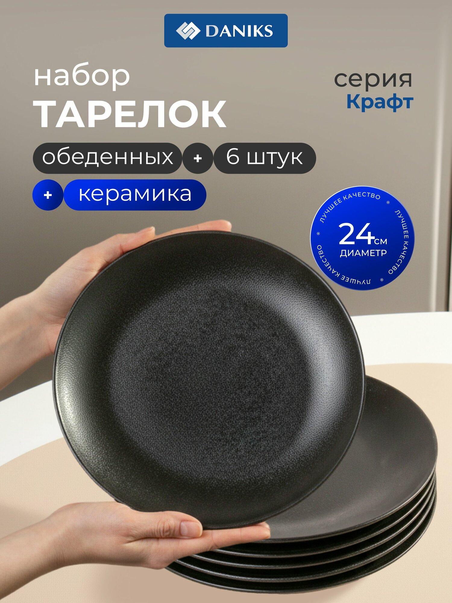 Набор обеденных тарелок Daniks Крафт, керамика, 24 см, черные, 6 шт