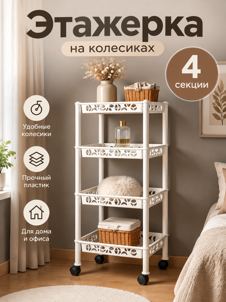Этажерка Баумолл, 4 секции, на колесиках, бежевая, 37x29x93,5 см