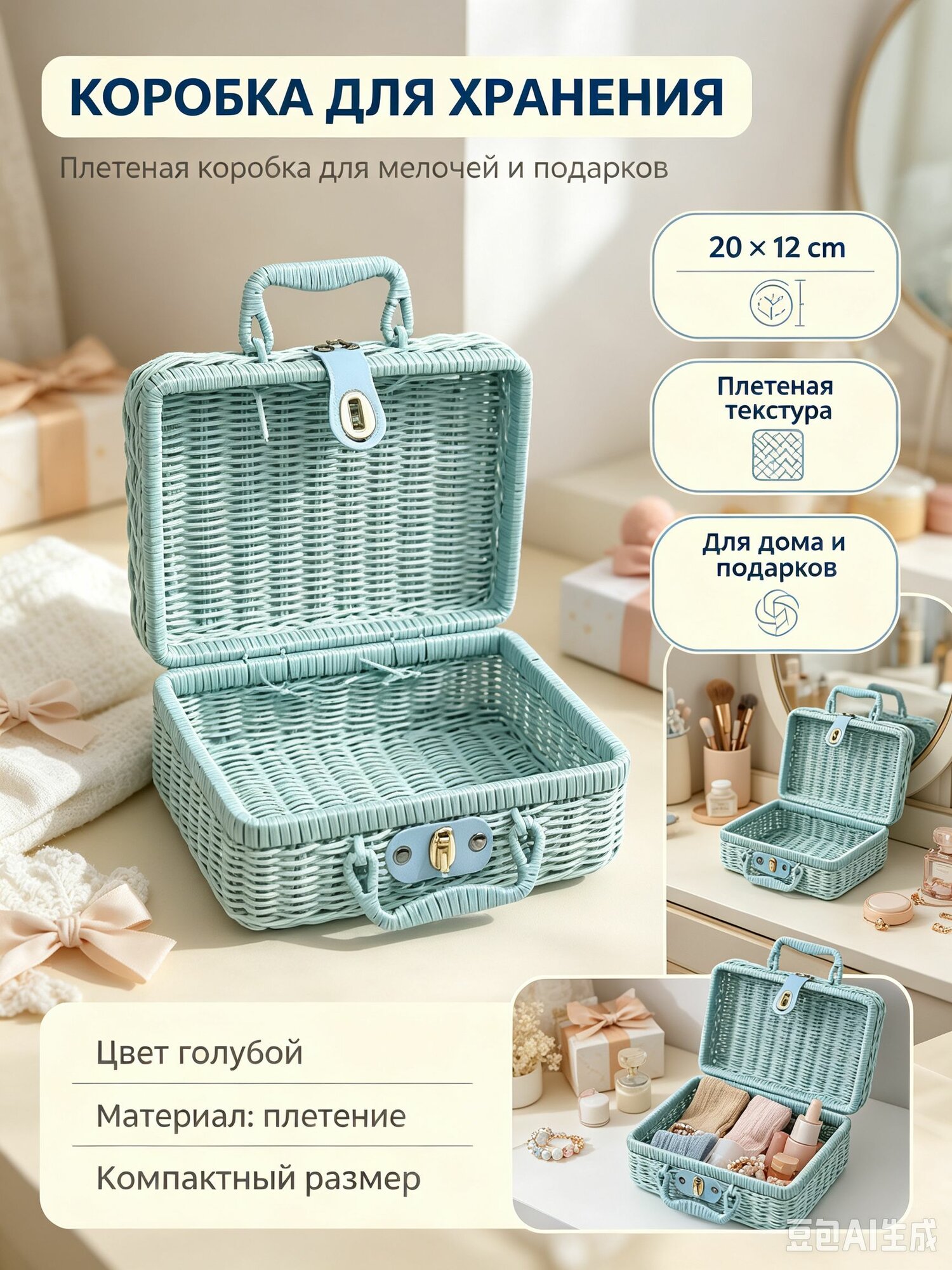 Кофр для хранения вещей 20x12x20 см 1 шт с крышкой синий