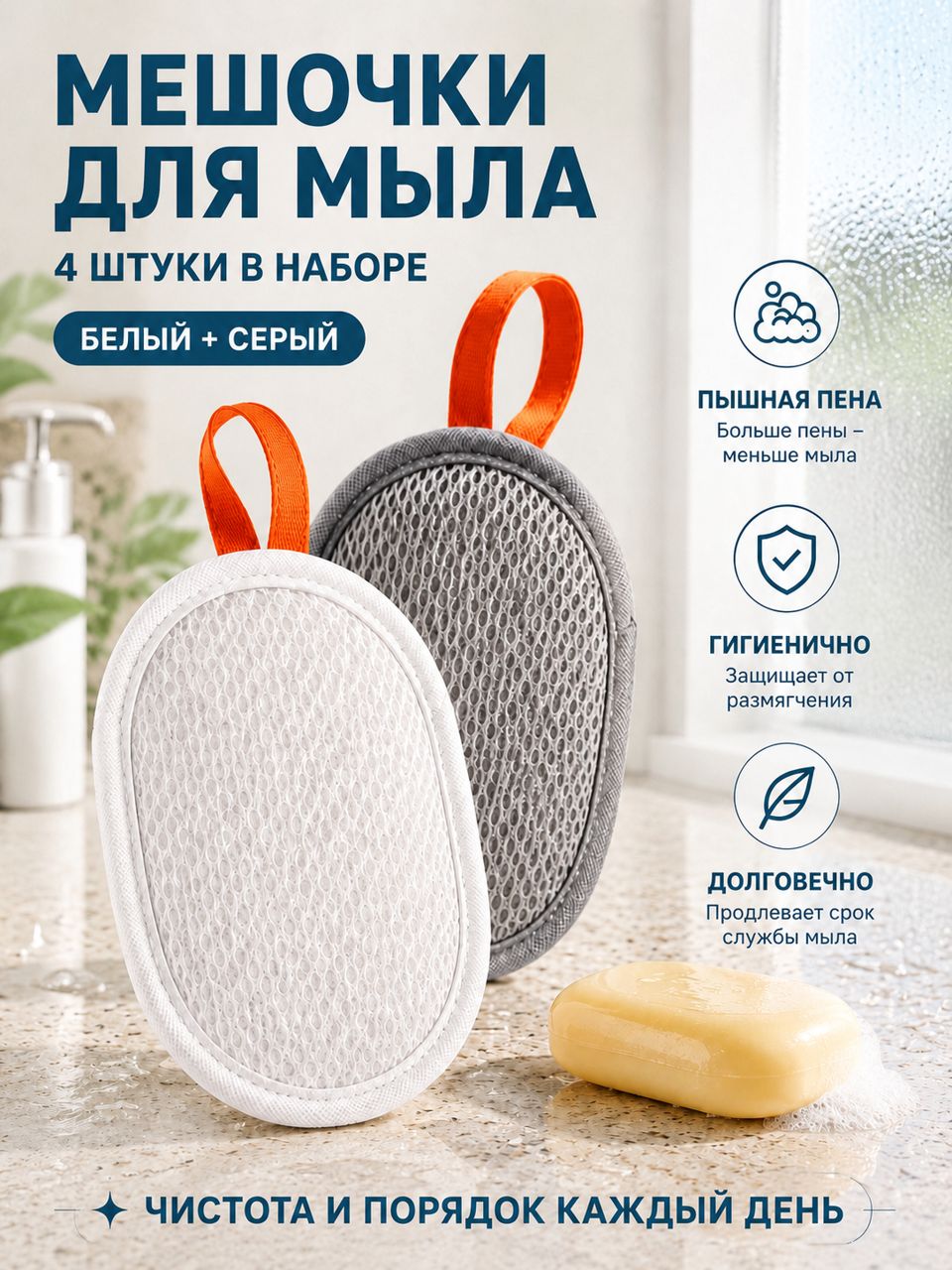 Мешочки для мыла 4 шт, сетка для мыла, мочалка мыльница для хранения и вспенивания