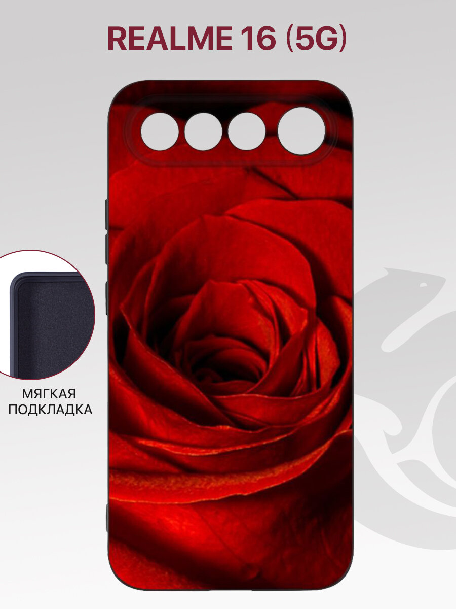 Чехол на Realme 16 5G с рисунком, с защитой камеры, с мягкой подкладкой из микрофибры, противоударный, черный с принтом бутон розы / Реалми 16