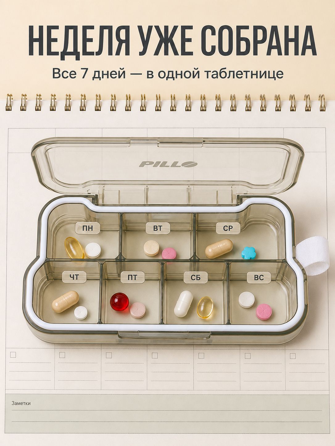 Таблетница PILLO 7 секций зеленая