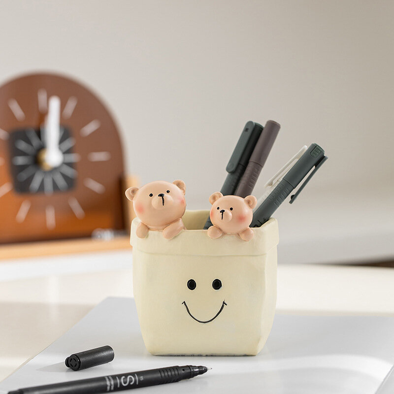 Coffee Color Paper Bag Pen Holder - Simple Desk Organizer for Office ｏｒ Student Workspace