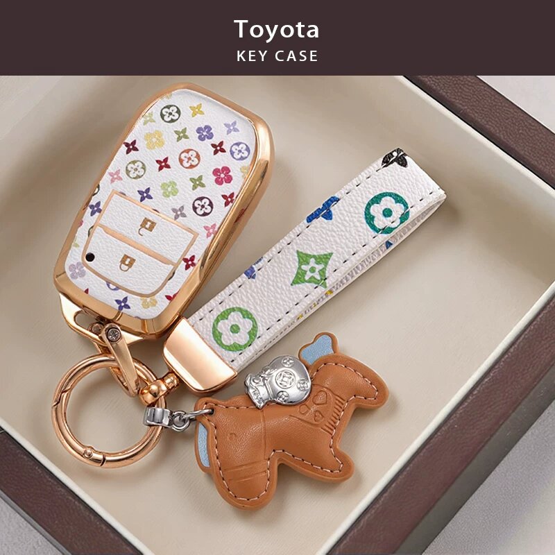 Ключен для Toyota Camry с двухкнопочным дизайном B-стиль, цветочным шнуром и брауновым пони-шармом, 94 символа