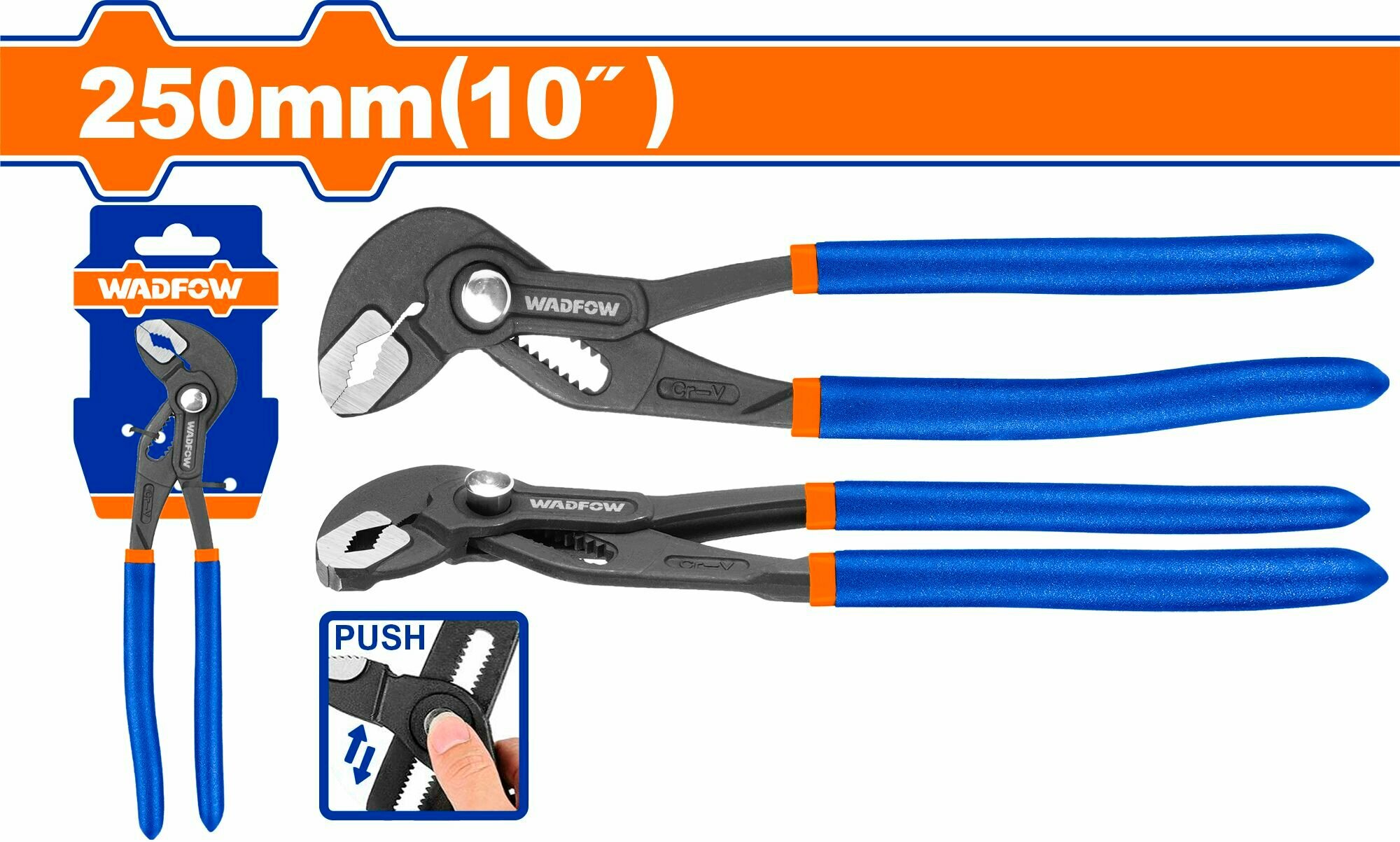 Ключ трубный "WADFOW" 10"-250мм, переставной, с кнопкой , обливные ручки