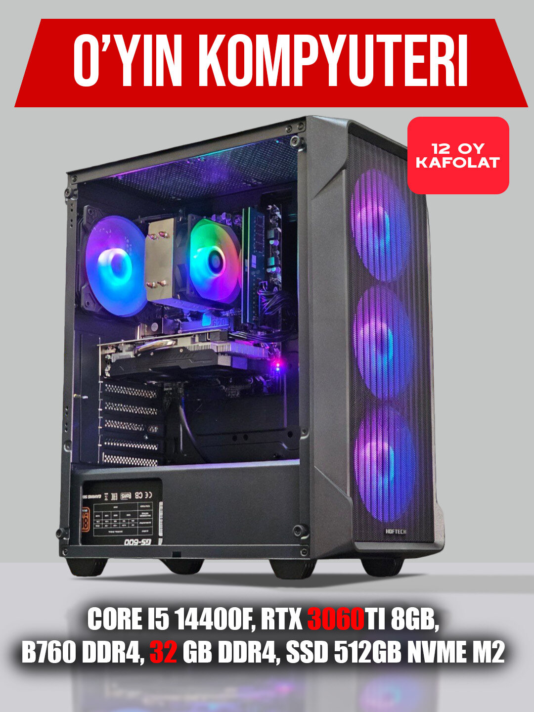 Системный блок для игр и графики, RTX 3060Ti 8 ГБ, Core i5 14400F, B760 DDR4, 32 ГБ DDR4, SSD 512 ГБ NVMe M2