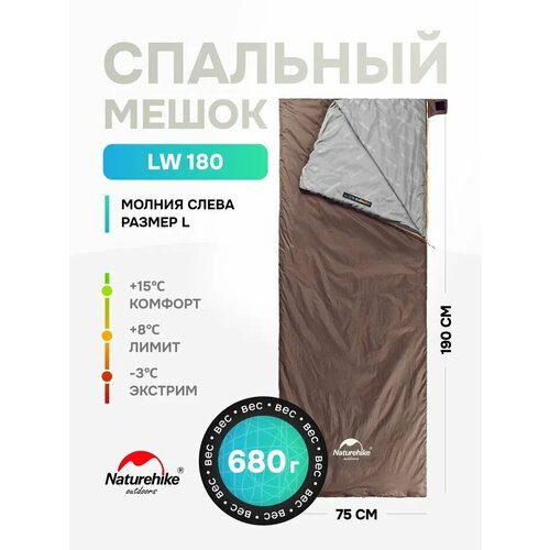 Летний Спальный мешок Naturehike LW180, 190 см, коричневый, левый спальник, до -3 C, M-Grayish Brown, NH21MSD09