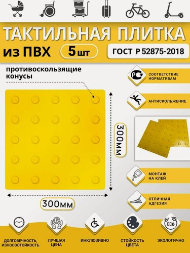 Изображение товара Тактильная плитка ретайл из ПВХ 300х300 мм, линейные конусы, предупреждающая. Упаковка 5 шт.