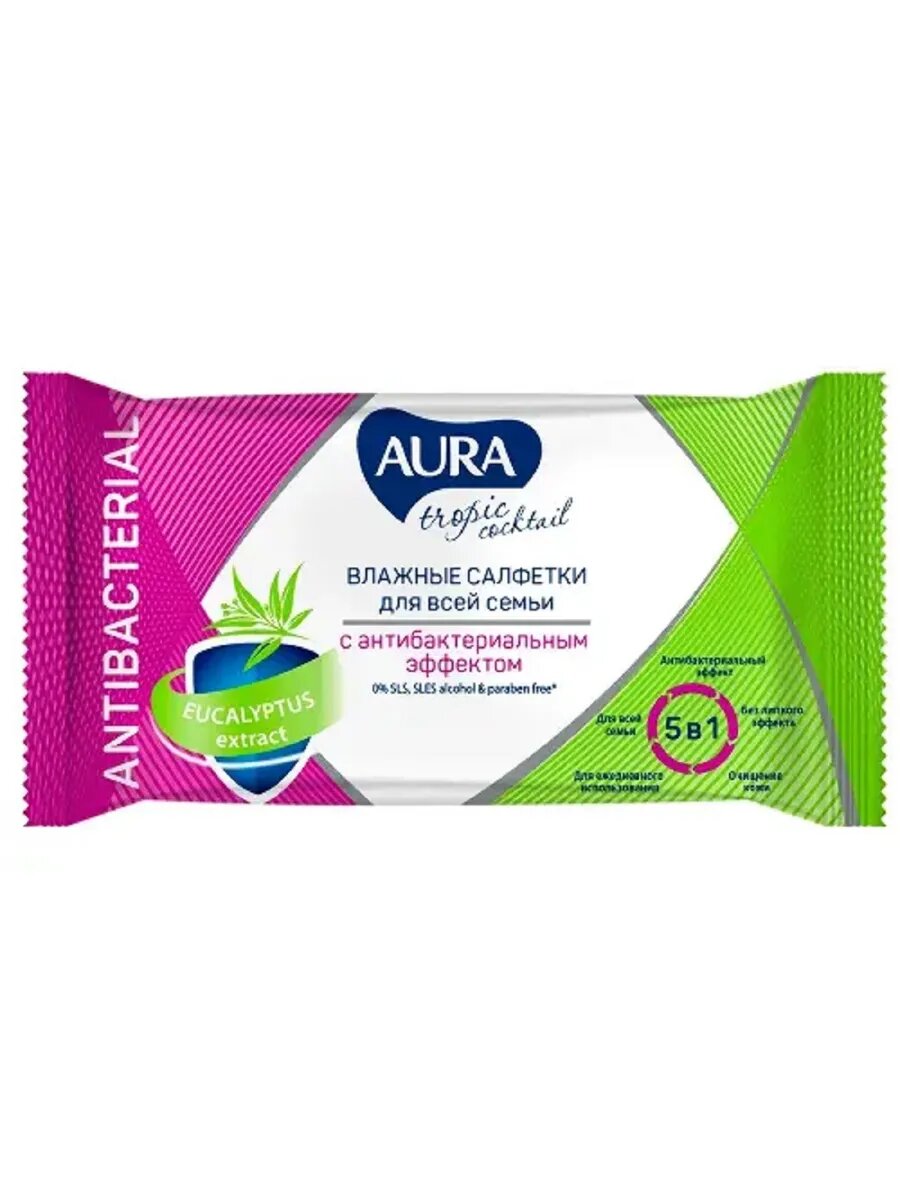 Салфетки влажные Aura Tropic Cocktail, антибактериальный эффект, 15 шт