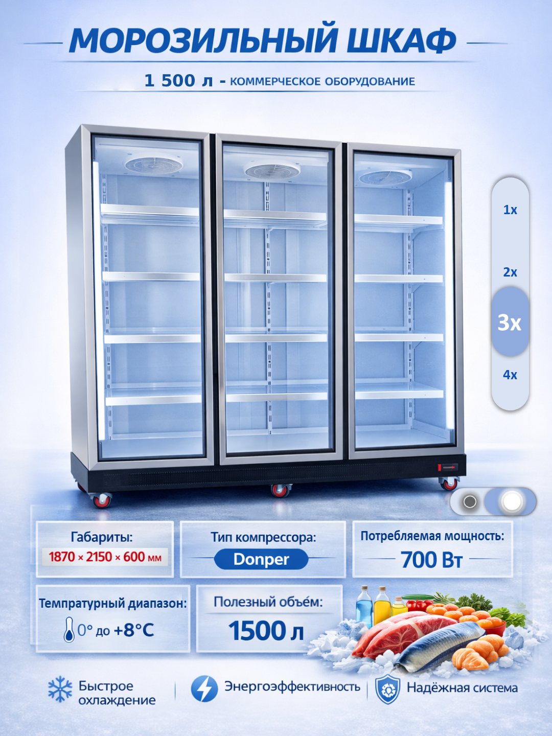 Витринный холодильник коммерческий до 2500 л, стеклянные двери, компрессор Donper