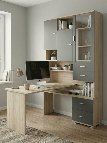 Изображение товара Стол компьютерный Мэрдэс СР-620/140 сгс-прав Сонома/Графит/Сонома, с полками, с ящиками, угловой, 130х140х216 см