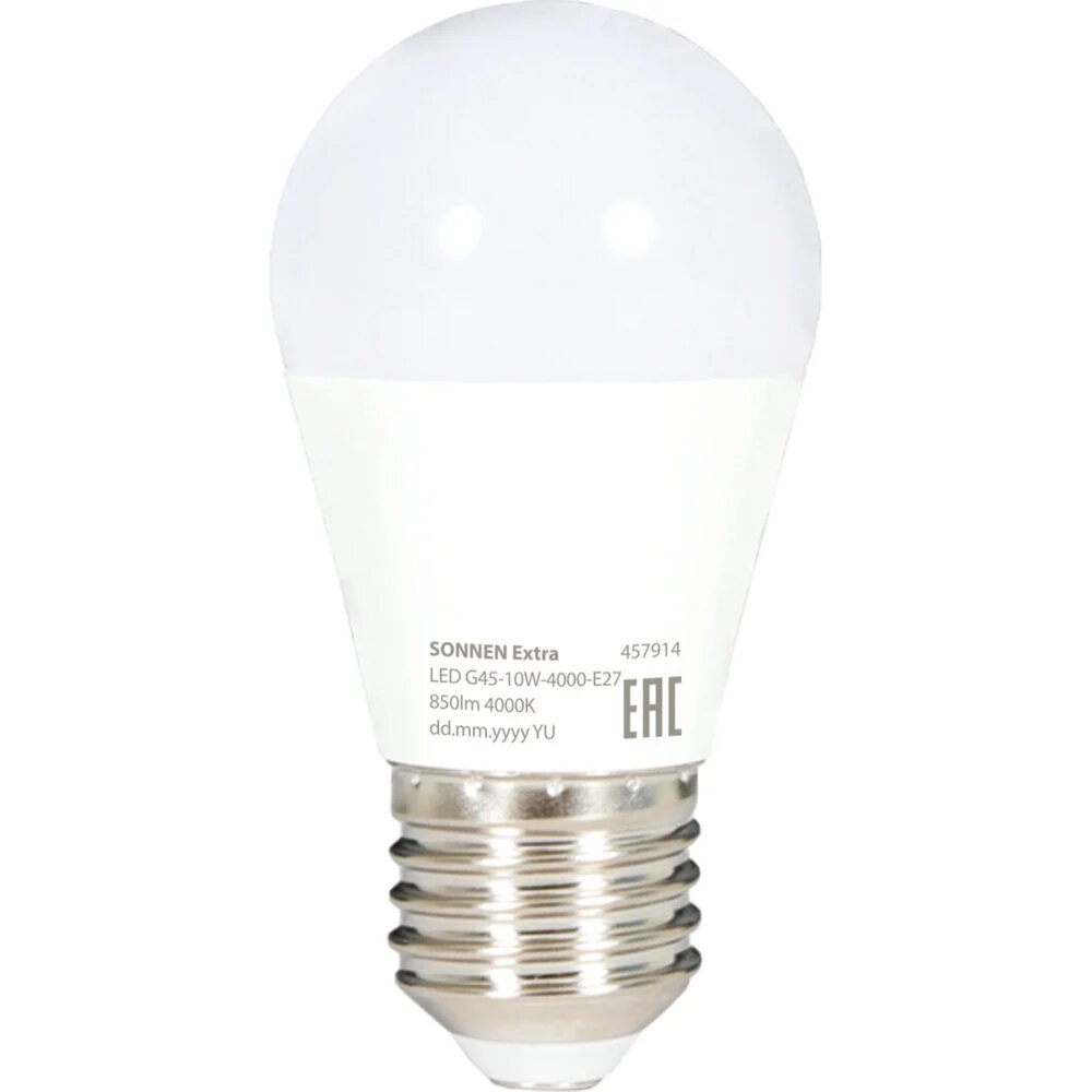 Лампа светодиодная SONNEN EXTRA 10 (85) Вт E27 шар нейтральный белый LED G45-10W-4000-Е27, 457914
