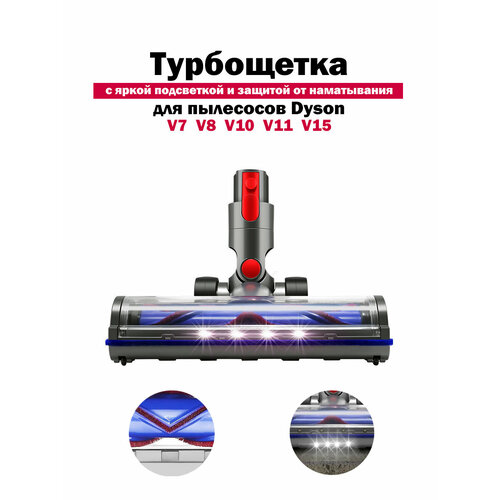 фото Турбощетка для пылесоса dyson v10 v8 v7 v11 v15. насадка с led подсветкой и v-образным расположением щетинок на валике. щетка для ковров, ковровых покрытий, ламината, паркета и плитки.