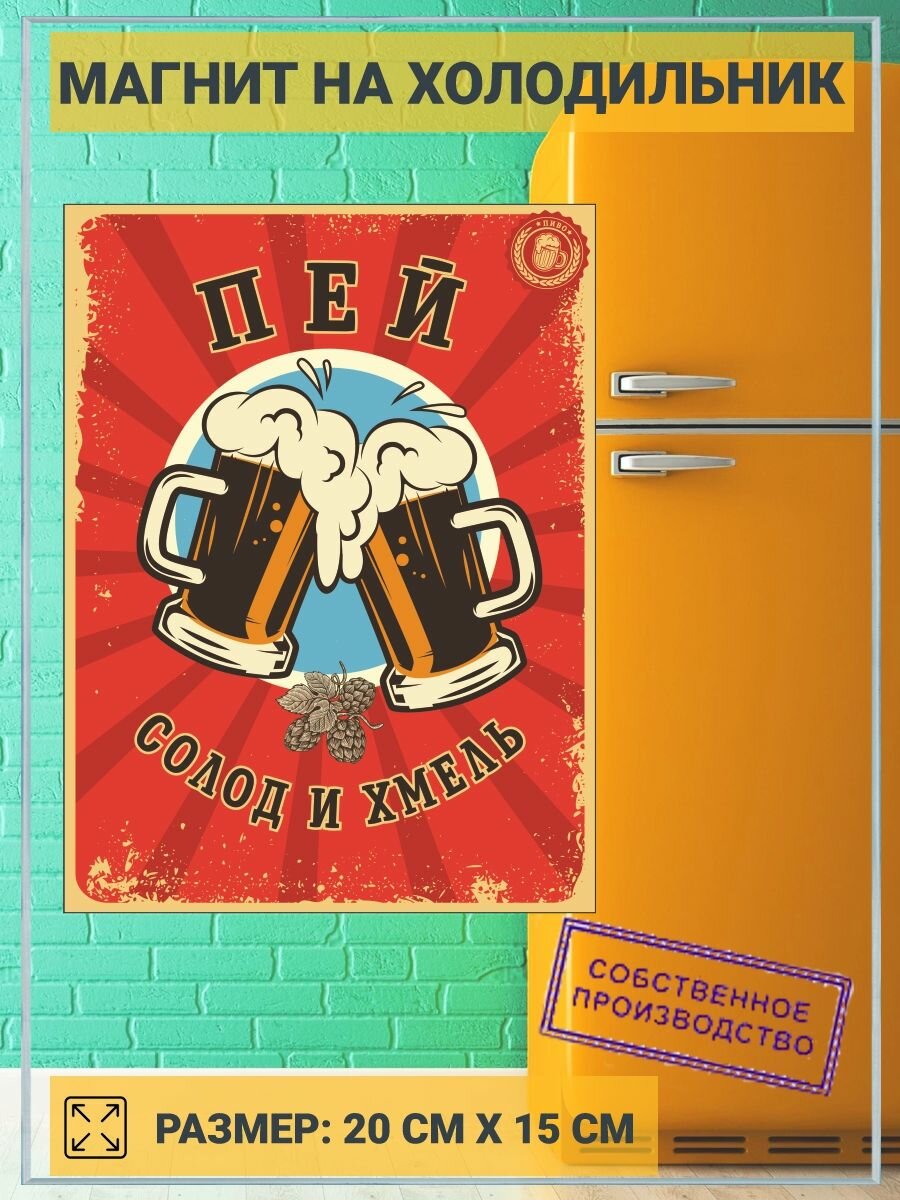 Магнит на холодильник Пей солод и хмель (20 см х 15 см) №004