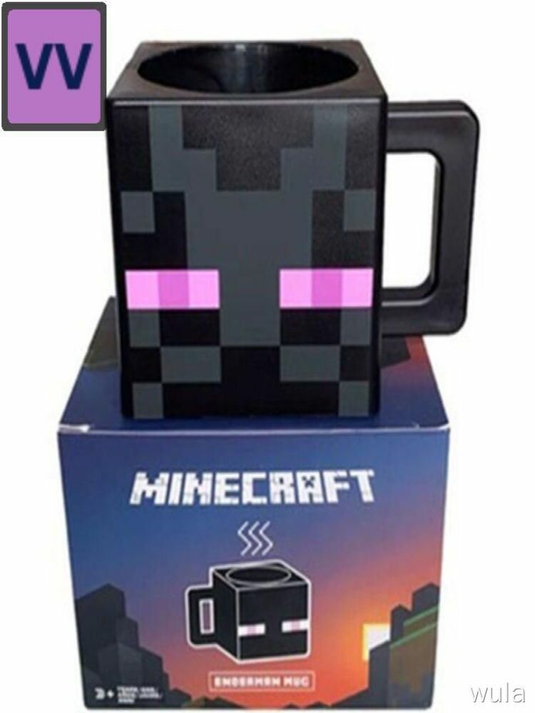 Кружка Minecraft Enderman - квадратная с изображением персонажа, черная, ручка, 350 мл, для кофе и чая, для дома и подарков