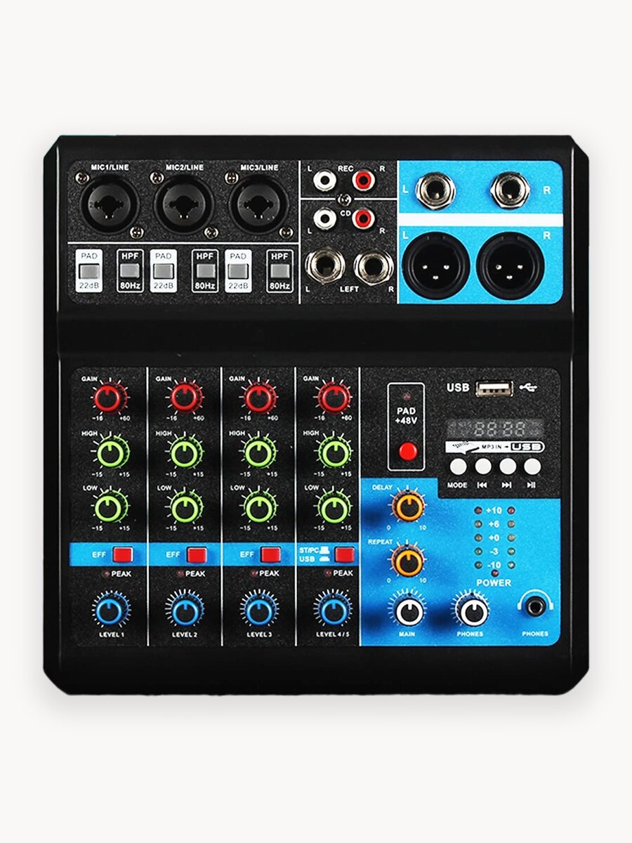 Микшер 5 каналов, диджейский пульт POWERHUB, микшерный пульт 5-канальный для новичков с USB-разъемом и Bluetooth