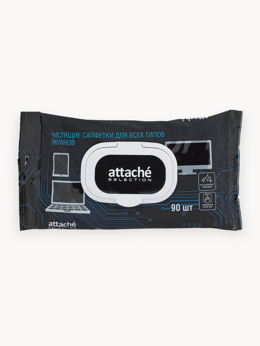 Салфетки влажные Attache Selection для мониторов, экранов, ноутбука, телевизора и оптики (90 штук в упаковке)