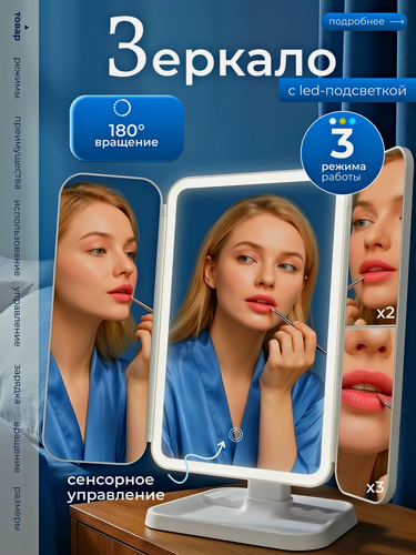 Изображение товара Зеркало с подсветкой настольное для макияжа с увеличением белое