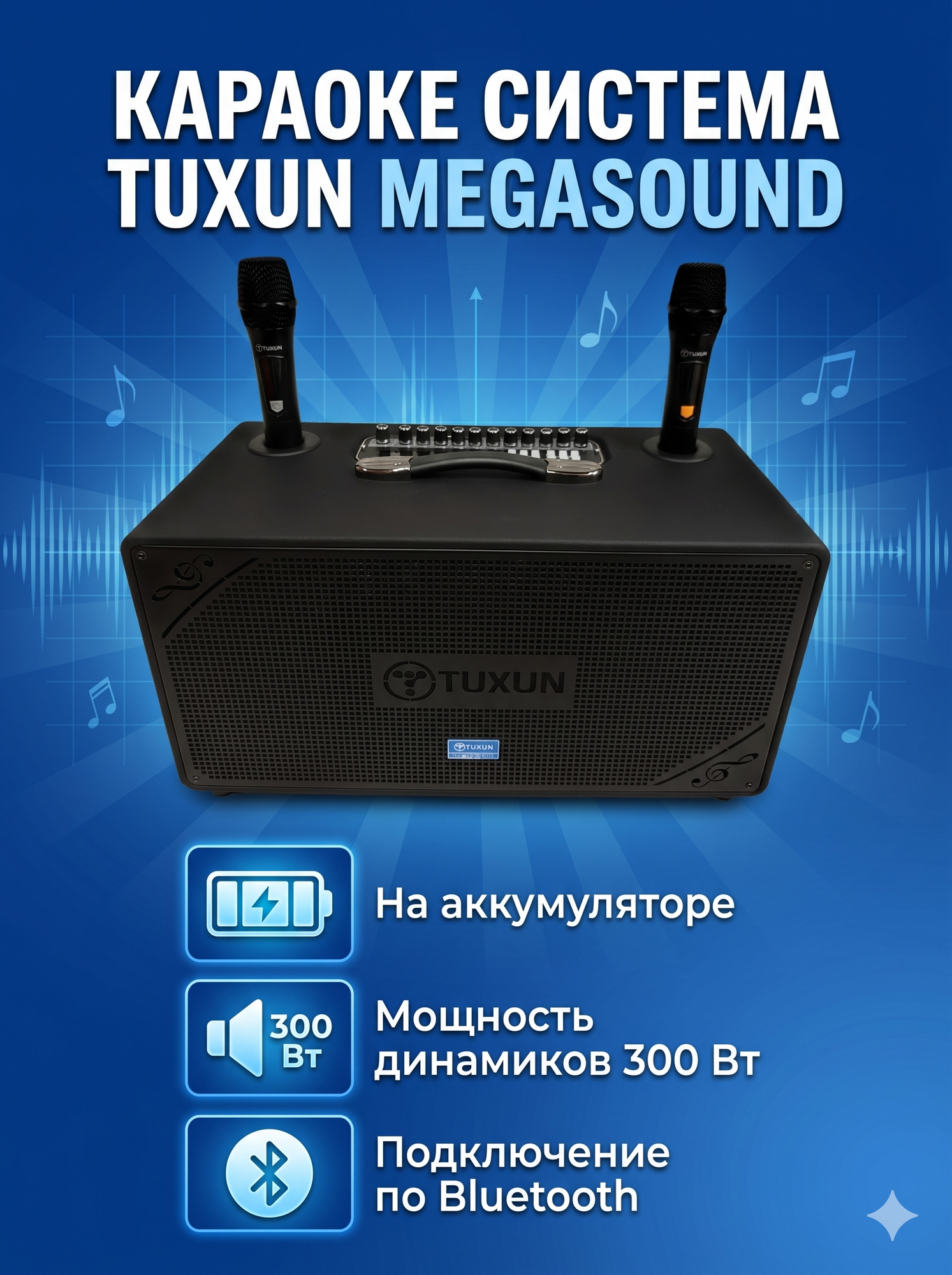 Караоке система Tuxun MegaSound мощность 300 Вт портативная с двумя микрофонами