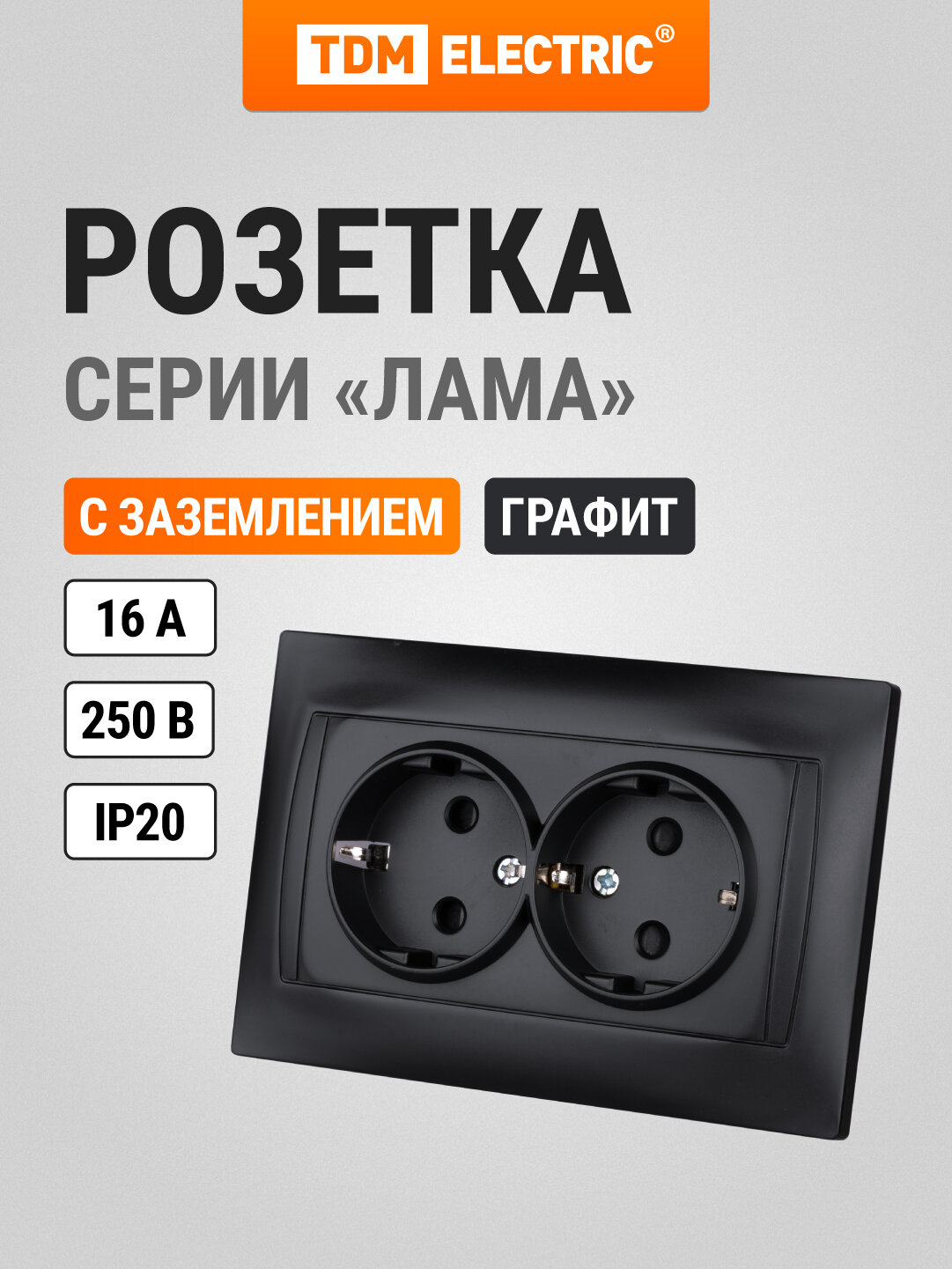 Розетка двойная 2П+З 16А 250В с защ. шт. графит "Лама" TDM