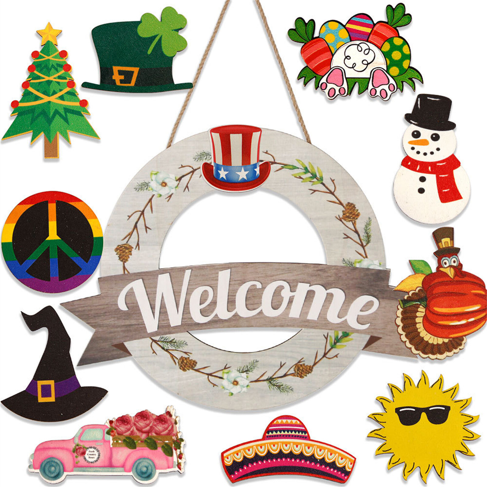 Деревянная табличка Welcome для входной двери с сезонным