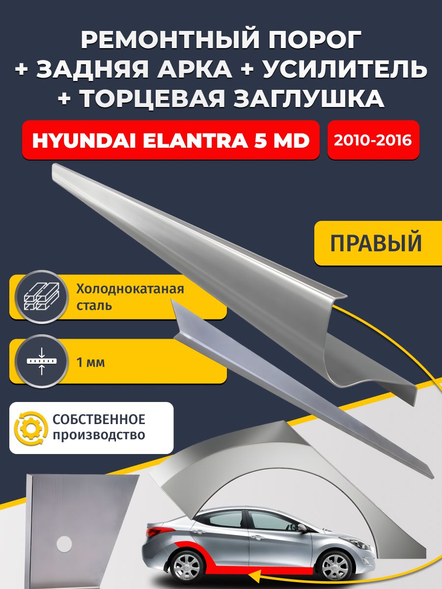 Правая ремонтная задняя арка (0,8 мм) и правый стандартный ремонтный порог + торцевая заглушка + усилитель, на Hyundai Elantra 5 MD 2010-2016 седан (Элантра МД). Холоднокатаная сталь 1 мм