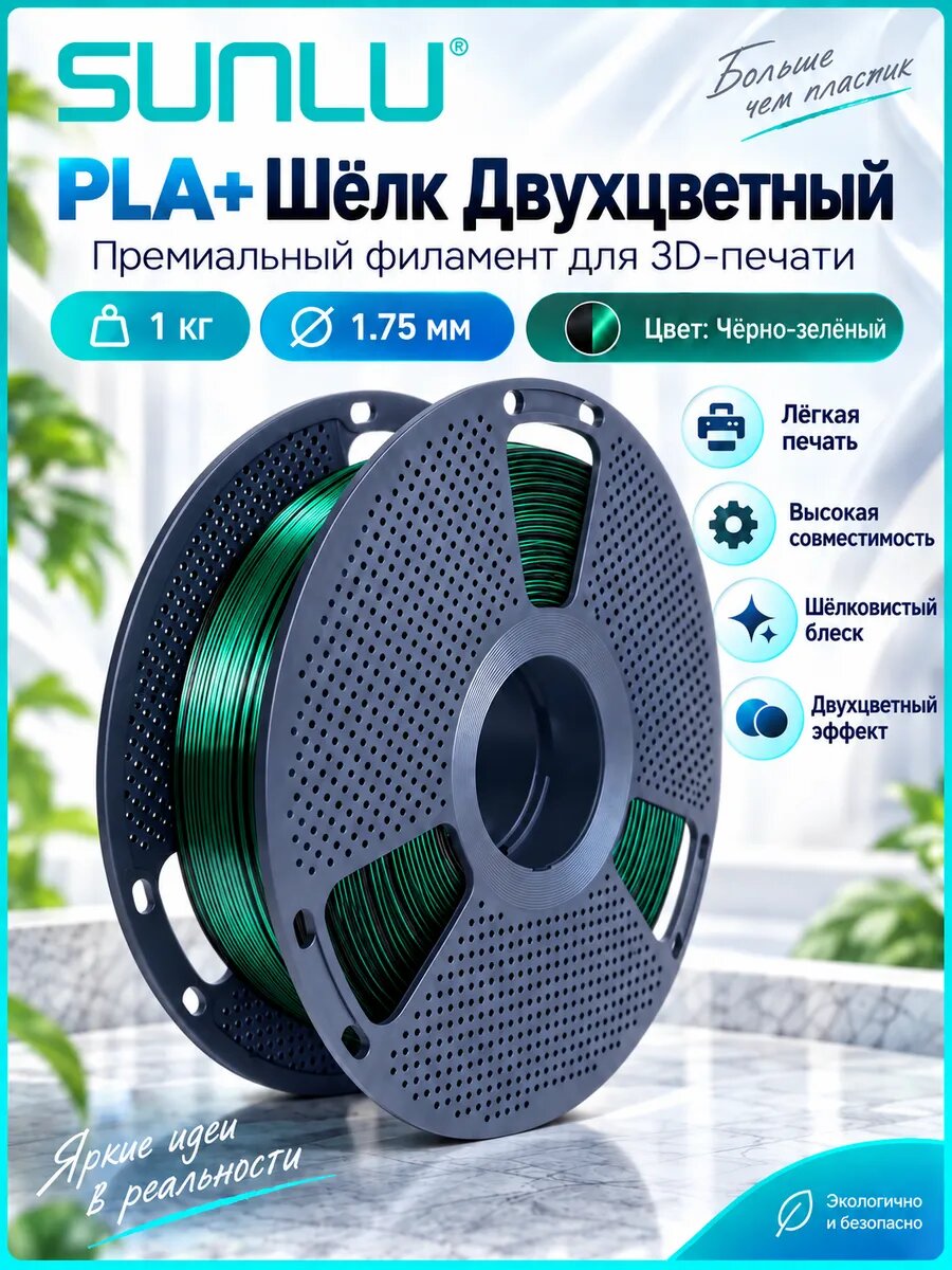 Двухцветная черно-зеленая шелковая нить PLA+