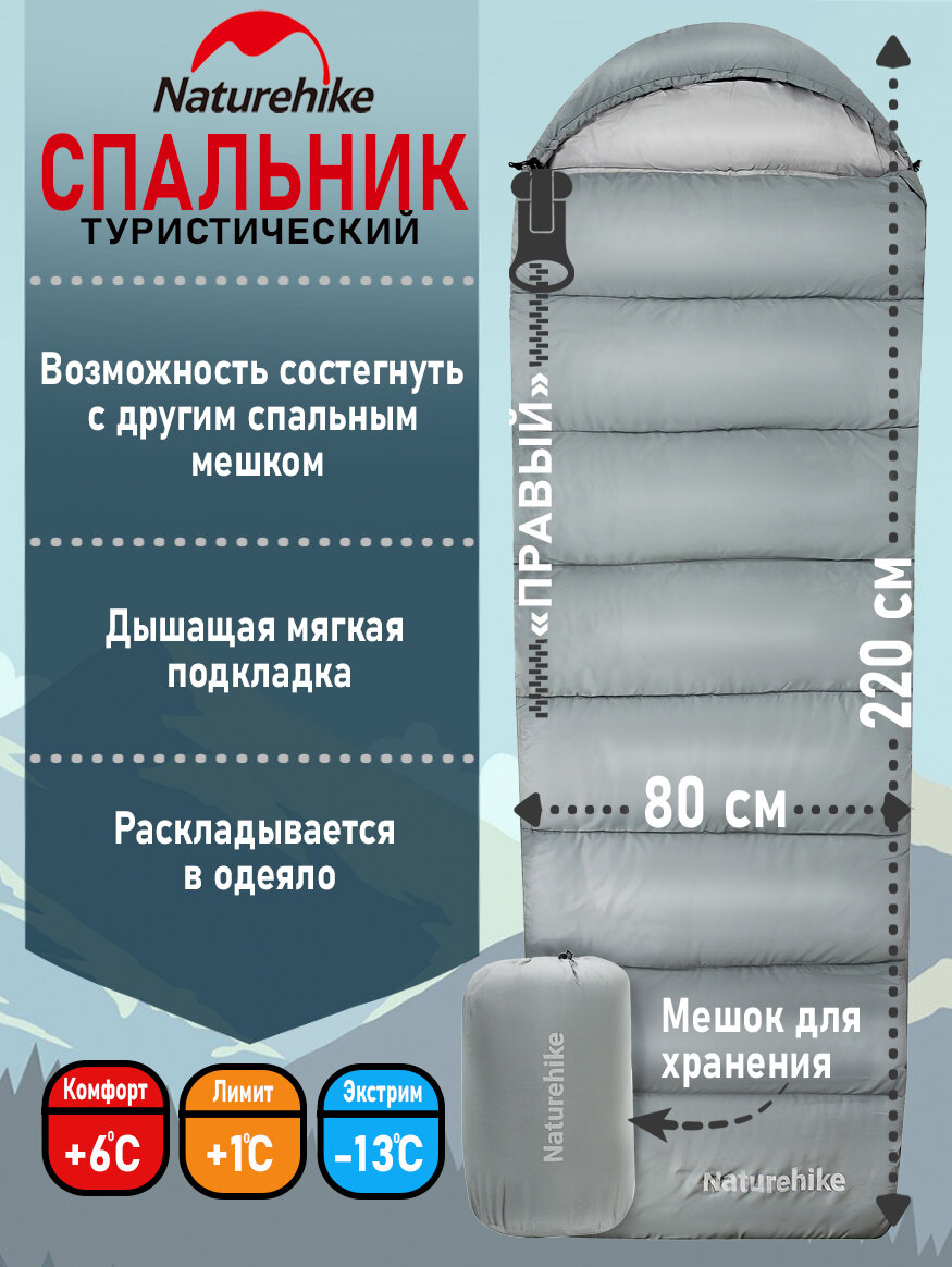 Спальный туристический мешок Naturehike M300 с капюшоном, серый