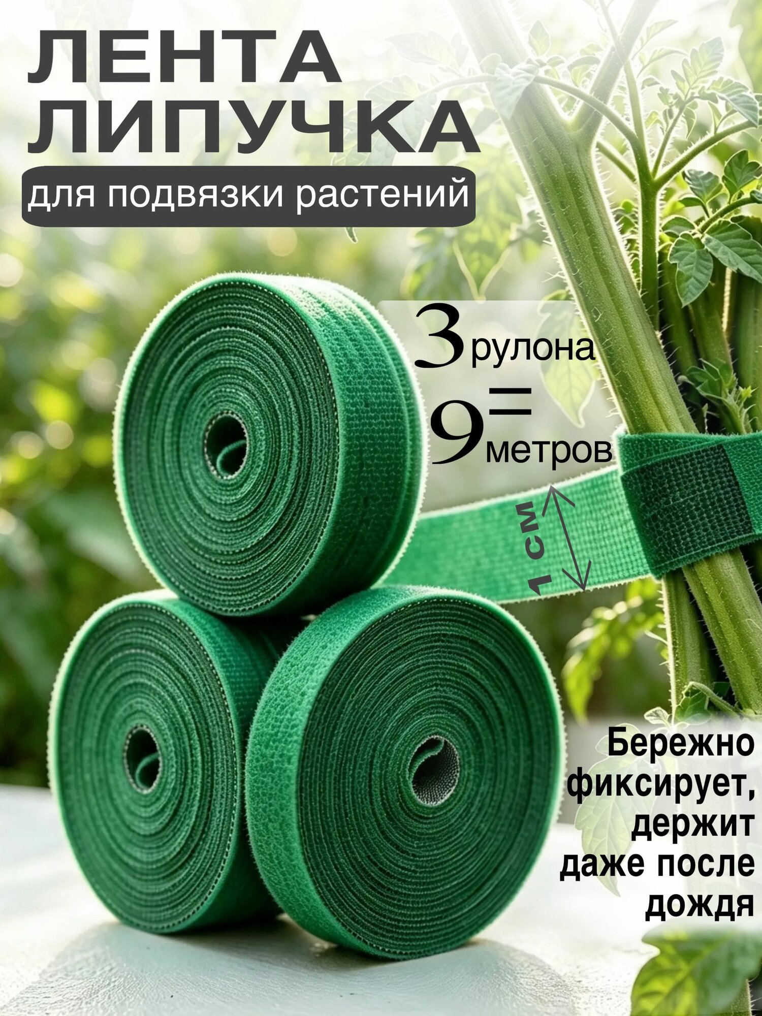 Лента липучка для подвязывания растений 9 метров / липкая лента, для сада и рассады 3шт