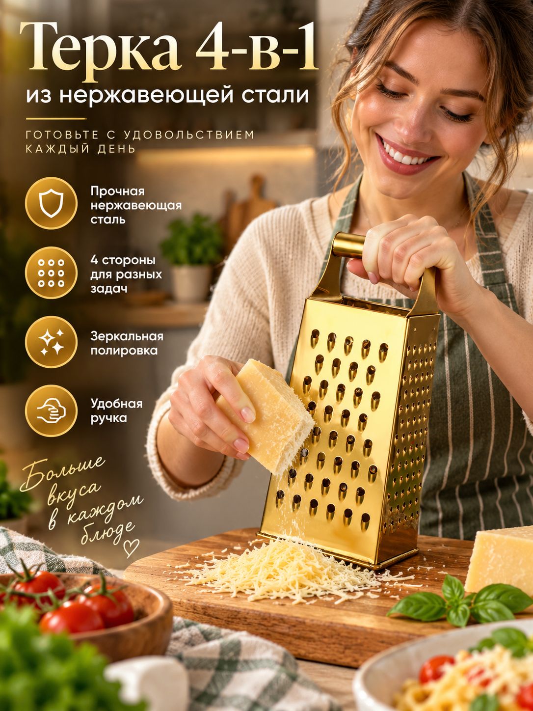 4-х гранная ручная овощерезка-терка для овощей, фруктов, сыра, рыбы золотистая