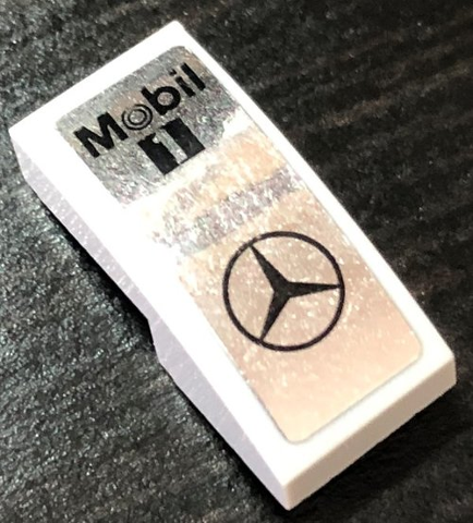 Slope, Curved 2 x 1 x 2/3 with Black Mobil 1 and Mercedes-Benz Logo on Silver Mirrored Background Pattern (Sticker) - Set 75911, 11477pb053 Light Bluish Gray U