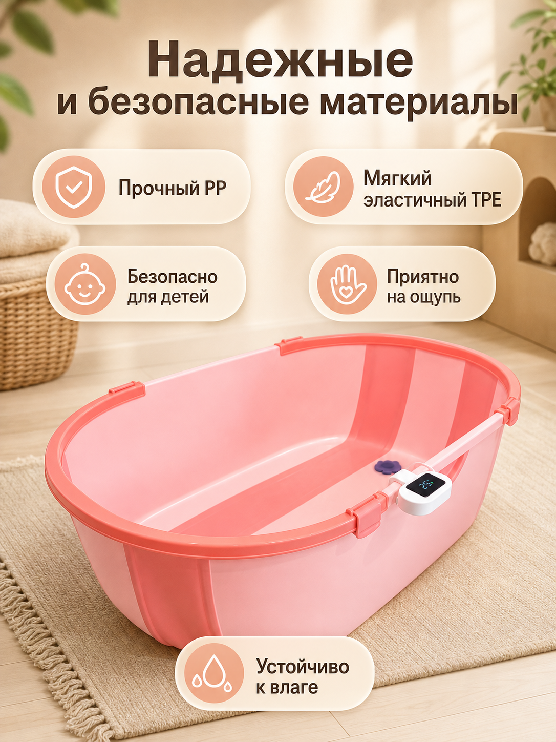 Большая детская ванночка (купель) для купания новорожденных и малышей, складная, красная, с термометром, 78х46х23 см — фото 1
