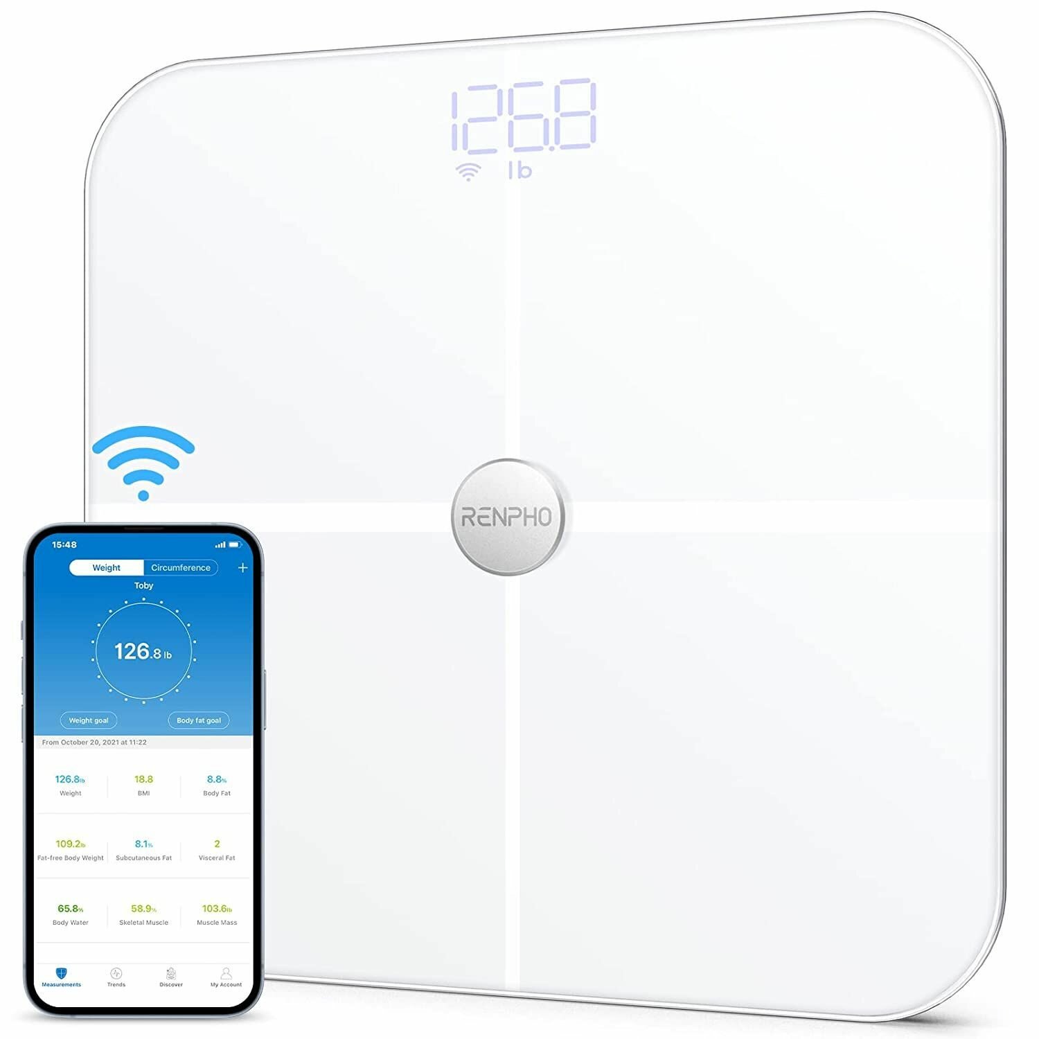 Весы напольные умные Renpho Elis Aspire ES-BR001 стеклянные, с bluetooth и Wi-Fi подключением и функцией анализа 13 показателей тела, до 180 кг, белые