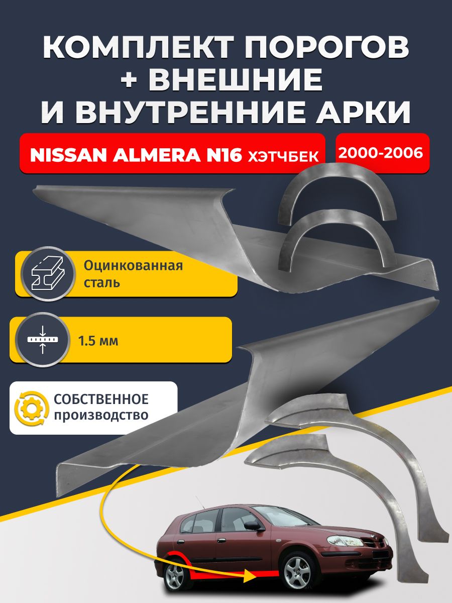 Комплект ремонтных задних внешних и внутренних арок (0,8 мм) + комплект стандартных ремонтных порогов , на Nissan Almera N16 2000-2006 хэтчбек 5 дв (Альмера Н16) Оцинкованная сталь 1.5 мм