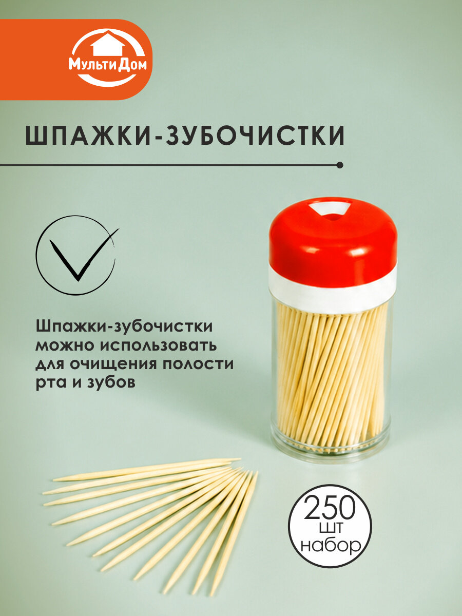 Шпажки зубочистки 250 штук из дерева длина 6.5 см в пластиковом контейнере