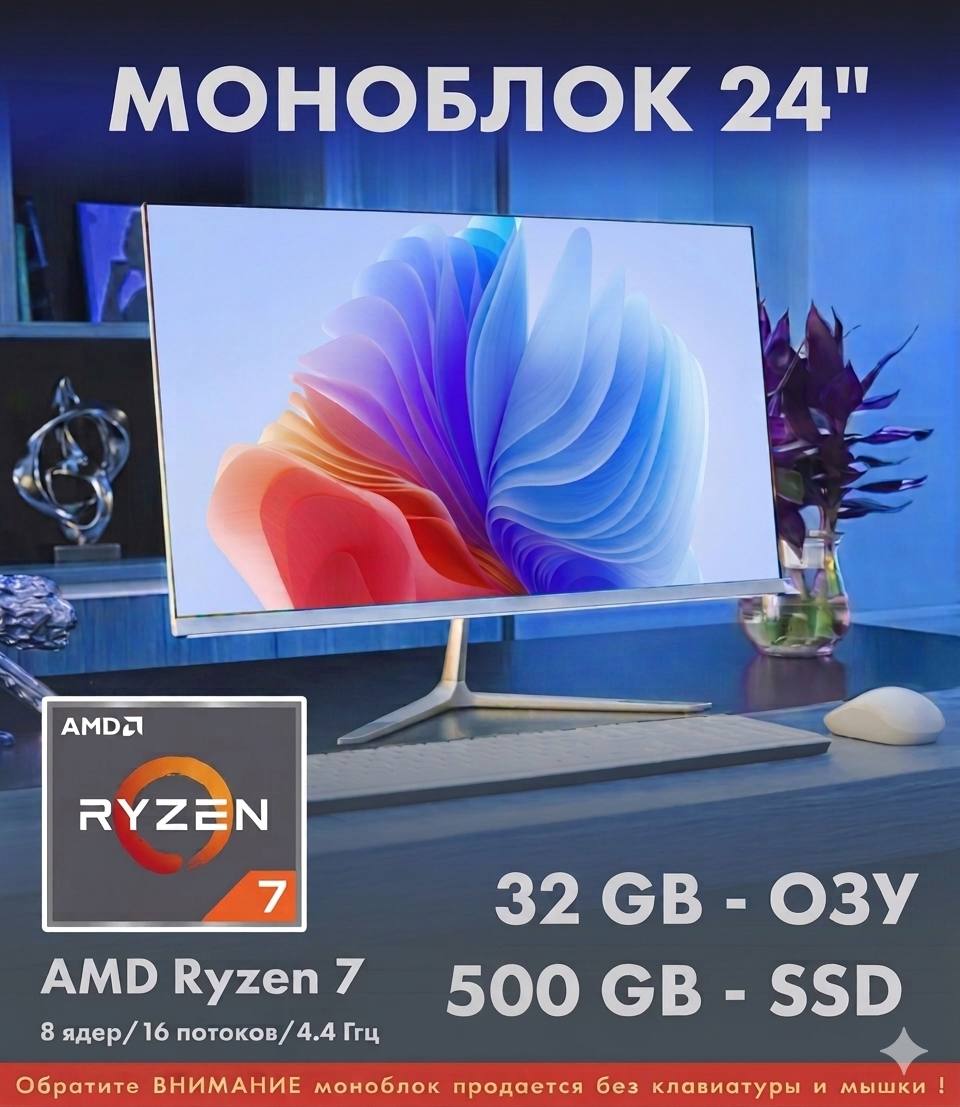 24" Моноблок Ryzen 7-5800U (8 ядер/16 потоков/4.4 Ггц) 32GB, SSD 500GB