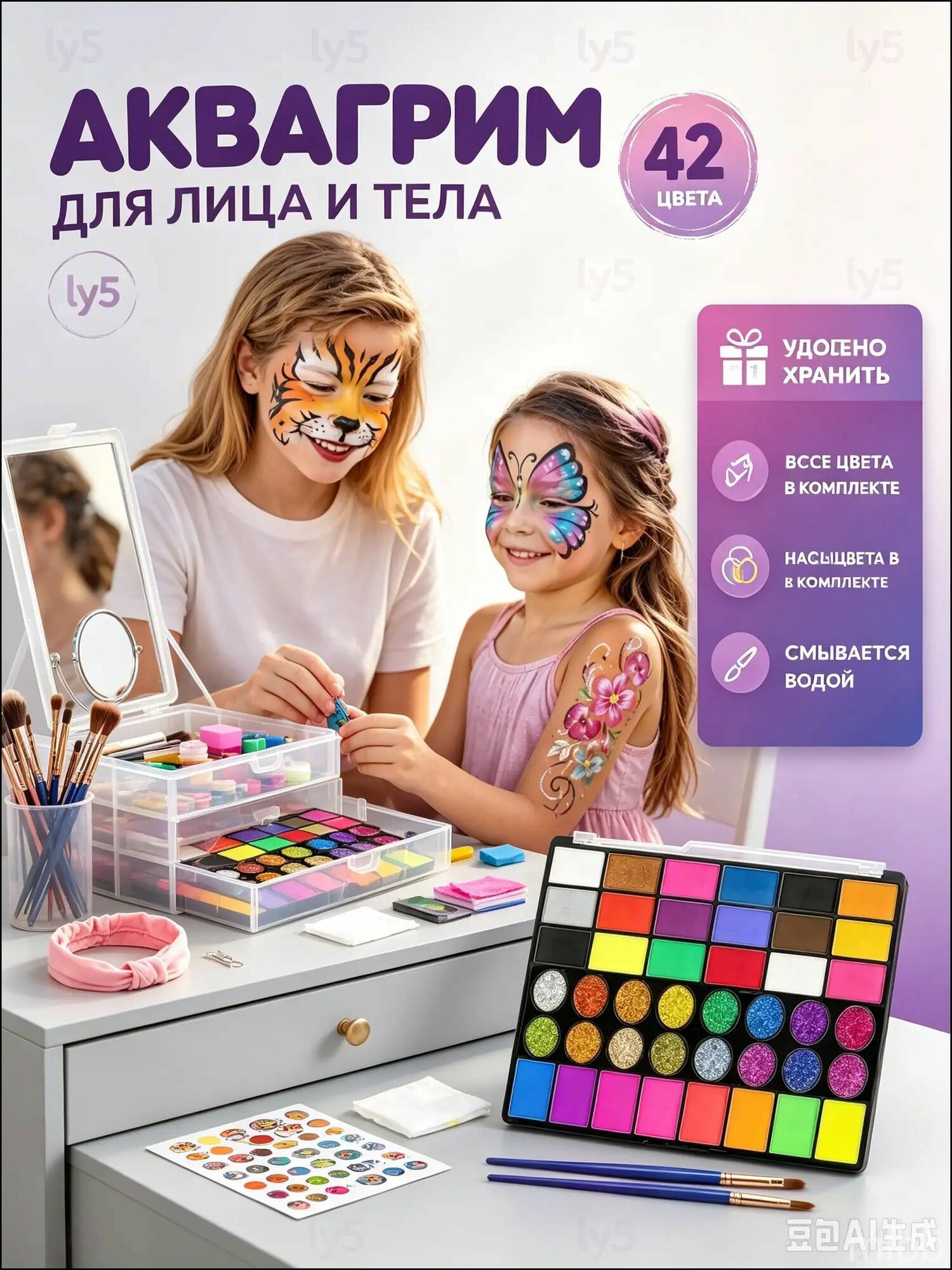 Аквагрим для детей профессиональный большой набор 42 цвета